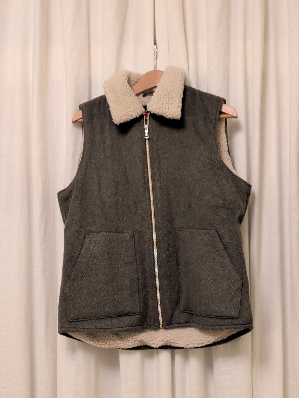 Sanctuary Olive Green Vest with Cream Sherpa Trim